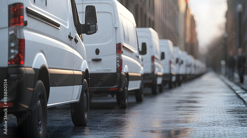 Line of White Delivery Vans Parked on a Wet Cobblestone Street Line of White Delivery Vans Parked on a Wet Cobblestone Street