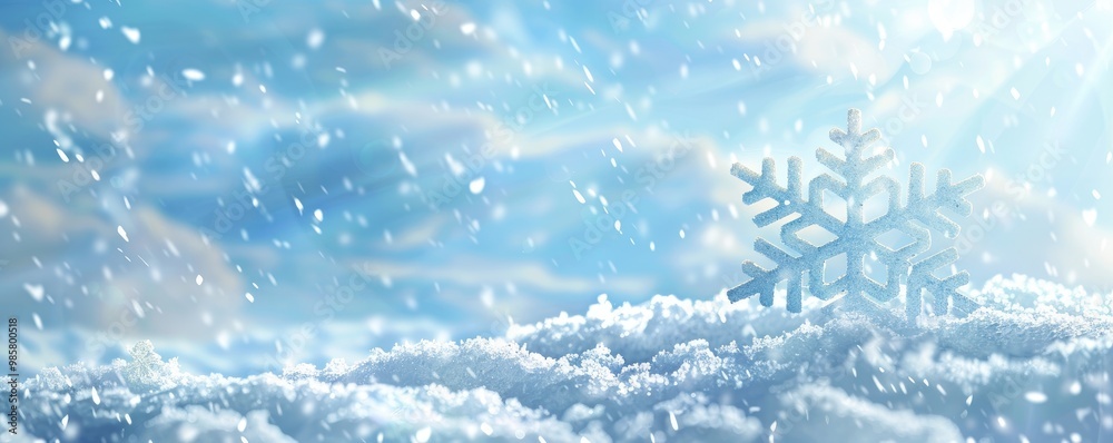 A Glittery Snowflake in Falling Snow on a Snowy Surface A Glittery Snowflake in Falling Snow on a Snowy Surface