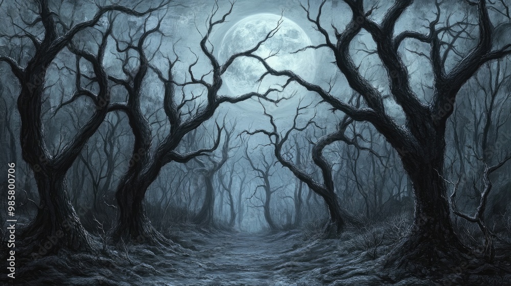 Spooky forest with full moon and barren trees Spooky forest with full moon and barren trees