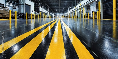 A view down a long warehouse with black and yellow stripes painted on the floor.
