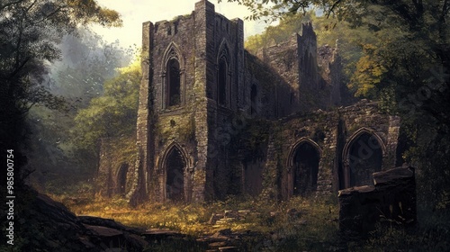 Ancient Stone Ruins Overgrown With Greenery In A Forest