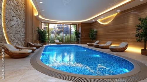 Tranquil Luxury Home Spa Oasis with Indoor Pool and Elegant Design Elements  Copy Space Available