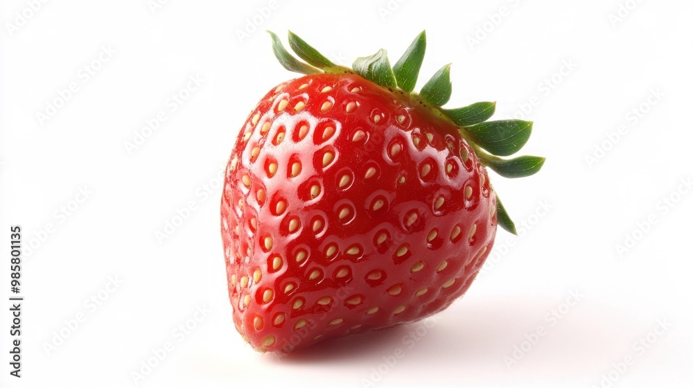 A Single Ripe Strawberry with Green Leaves on a White Background A Single Ripe Strawberry with Green Leaves on a White Background