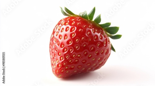 A Single Ripe Strawberry with Green Leaves on a White Background