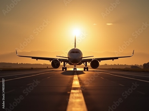 A photorealistic image of a plane's silhouette on a tarmac, with the sun creating a dramatic contrast.