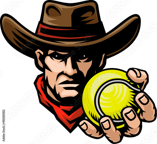 Cowboy man cowboys tennis mascot holding tennis ball