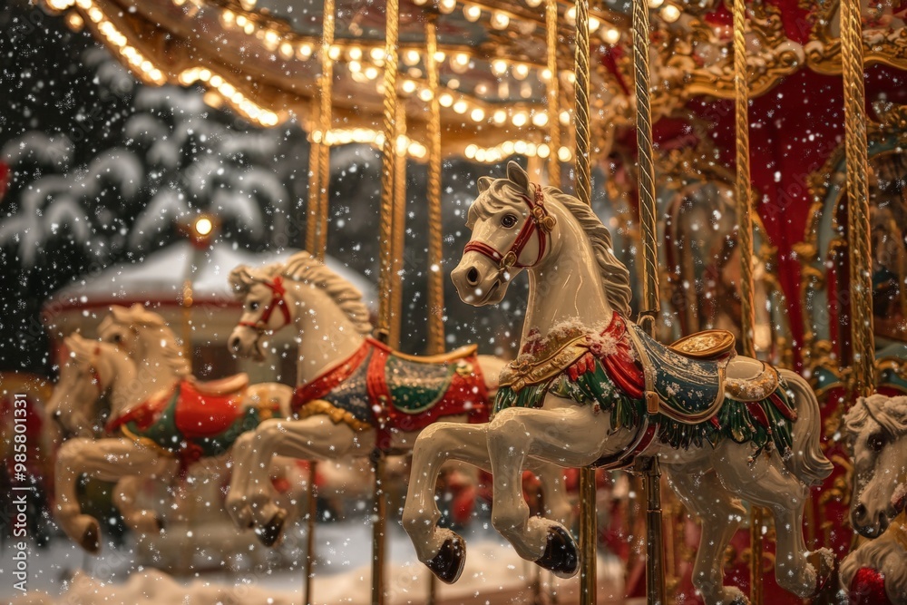 Fototapeta premium Carousel horses with festive lights and snowfall in winter, horizontal banner, copy space. Soft focus. holiday celebration, Christmas amusement, winter magic, childhood nostalgia