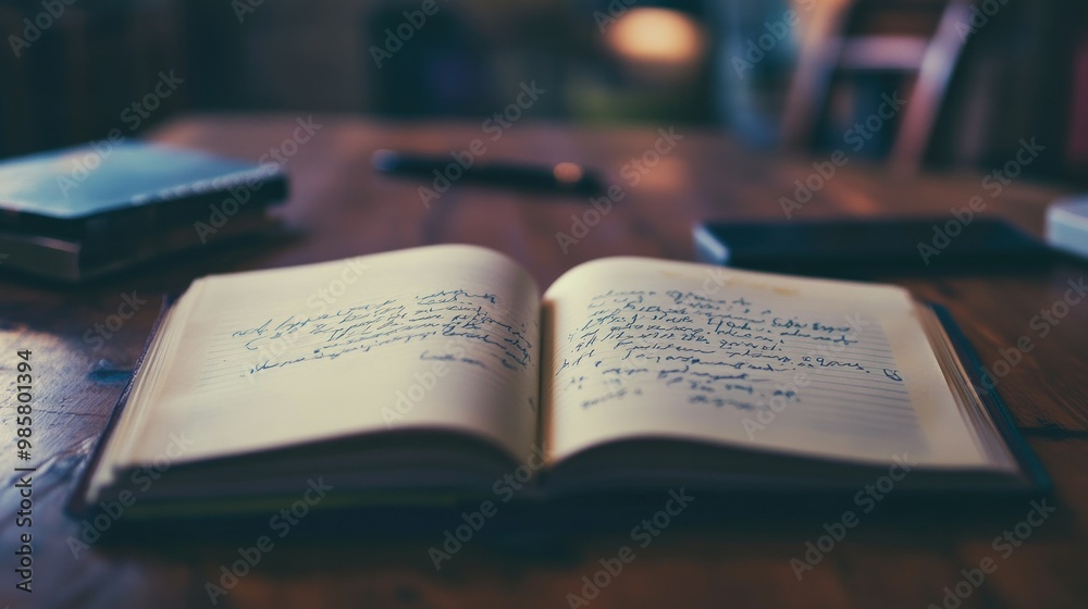 Obraz premium Open Notebook with Handwritten Notes on Wooden Table