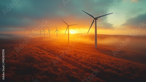 A photostock image of wind turbines turning in the countryside, producing clean renewable energy, ideal for green energy designs.  photo