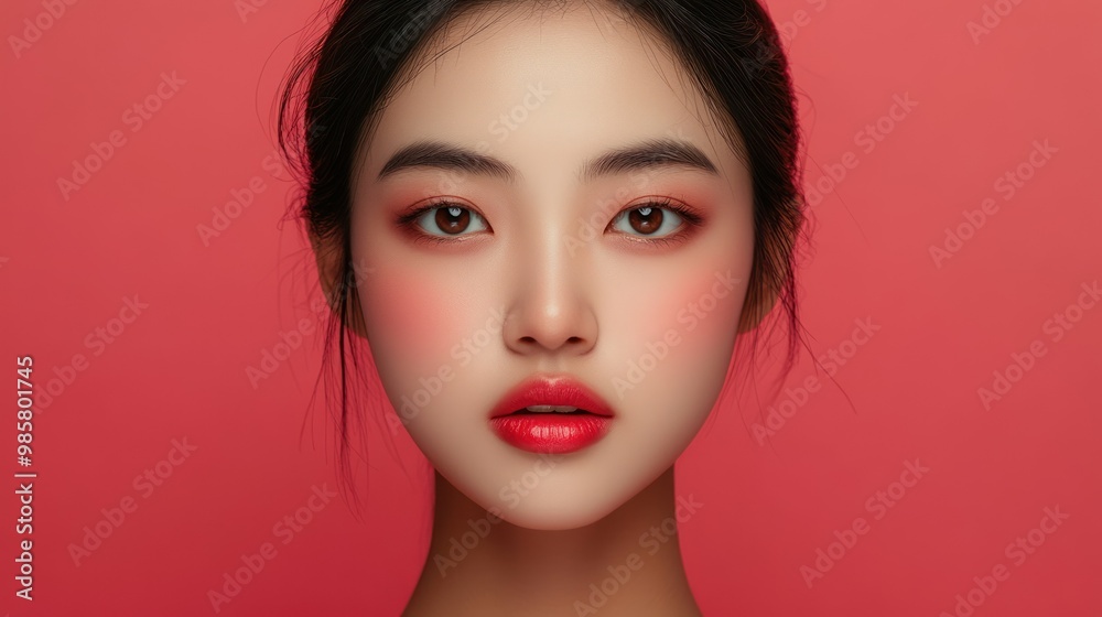 Close-up Portrait of a Woman with Red Lipstick and Blush on a Pink Background Close-up Portrait of a Woman with Red Lipstick and Blush on a Pink Background
