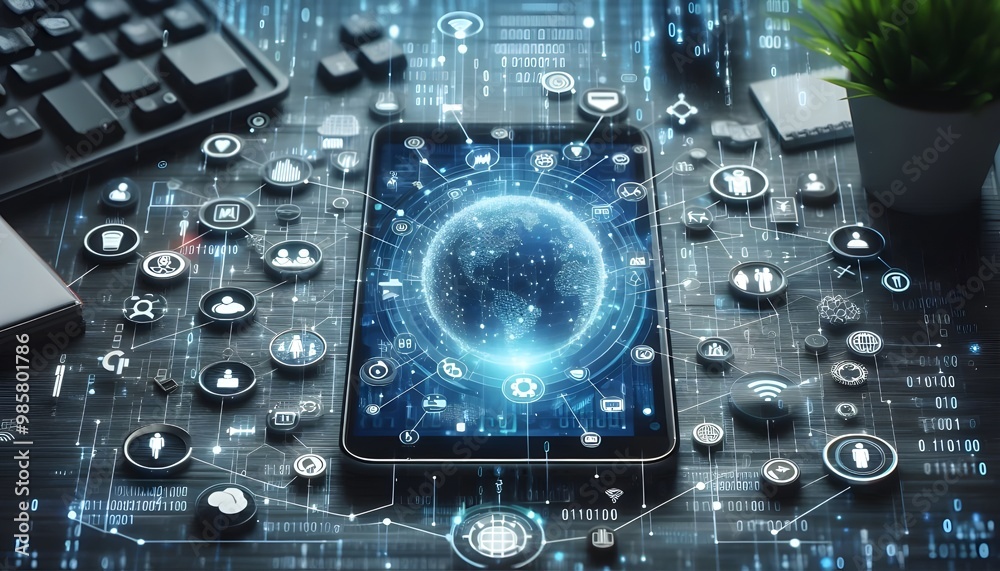 Fototapeta premium smartphone with creative connected digital business interface with various icons and binary code on blurry background. Software development, app, global business and ai concept. 3D Rendering