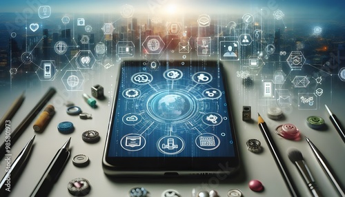 Wallpaper Mural smartphone with creative connected digital business interface with various icons and binary code on blurry background. Software development, app, global business and ai concept. 3D Rendering Torontodigital.ca