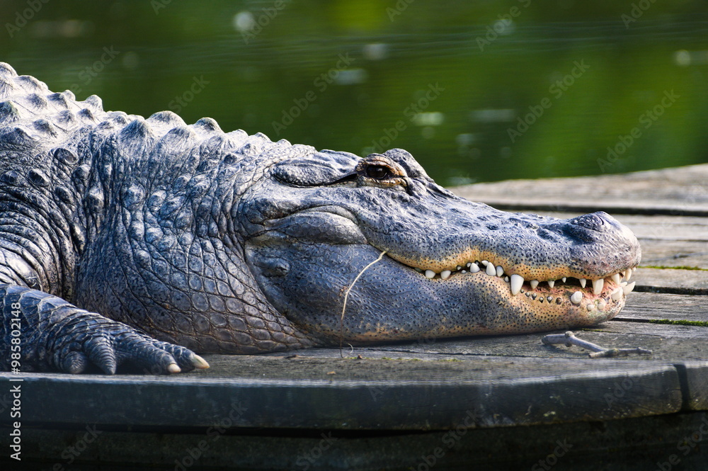 Fototapeta premium Alligator mississippiensis aka American Alligator close-up head portait. Open mouth and giant teeth. Dangerous look.
