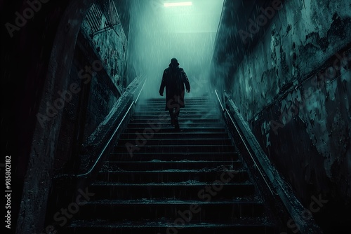 Mysterious Man walking down a long grimy staircase city looms darkly.