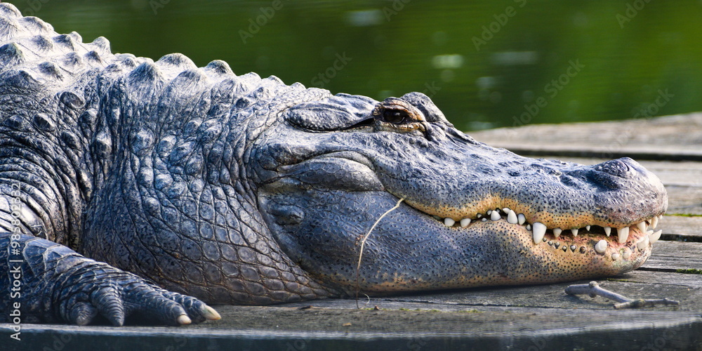 Alligator mississippiensis aka American Alligator close-up head portait. Open mouth and giant teeth. Dangerous look. Alligator mississippiensis aka American Alligator close-up head portait. Open mouth and giant teeth. Dangerous look.