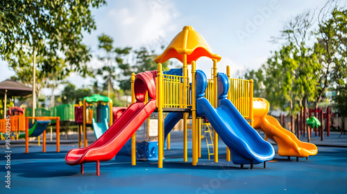 Fototapeta Naklejka Na Ścianę i Meble -  Colorful kid playground with a slide and swing set on yard in the park