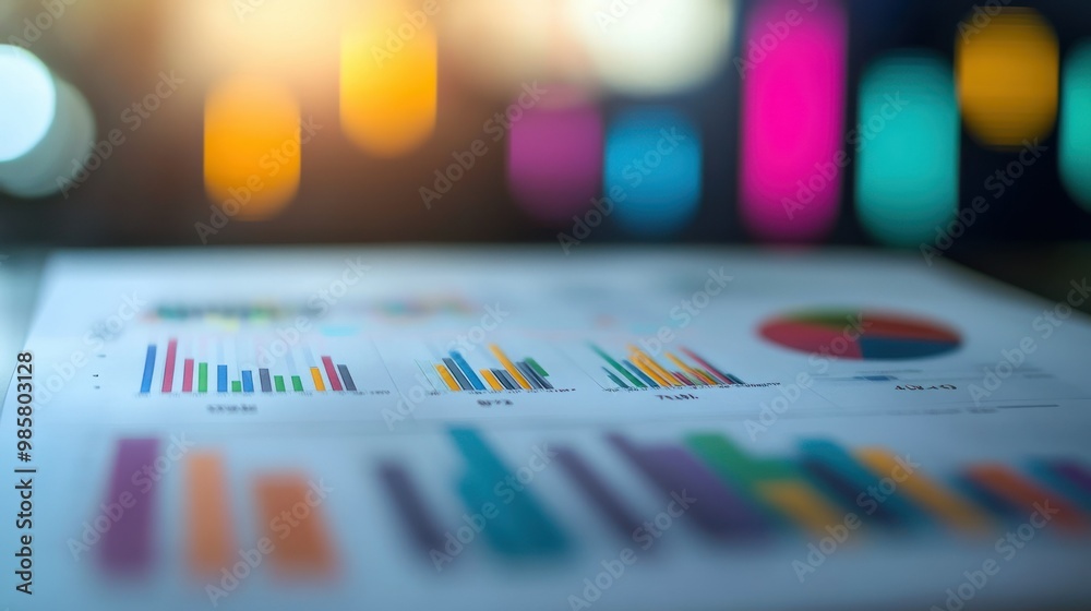 Blurred Bar Graph and Pie Chart on Paper with Out-of-Focus Colorful Lights Blurred Bar Graph and Pie Chart on Paper with Out-of-Focus Colorful Lights