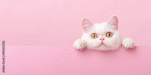 An adorable white kitten peeking out from behind a table, against a charming pink background. Ideal for cat photography and pet-themed content.