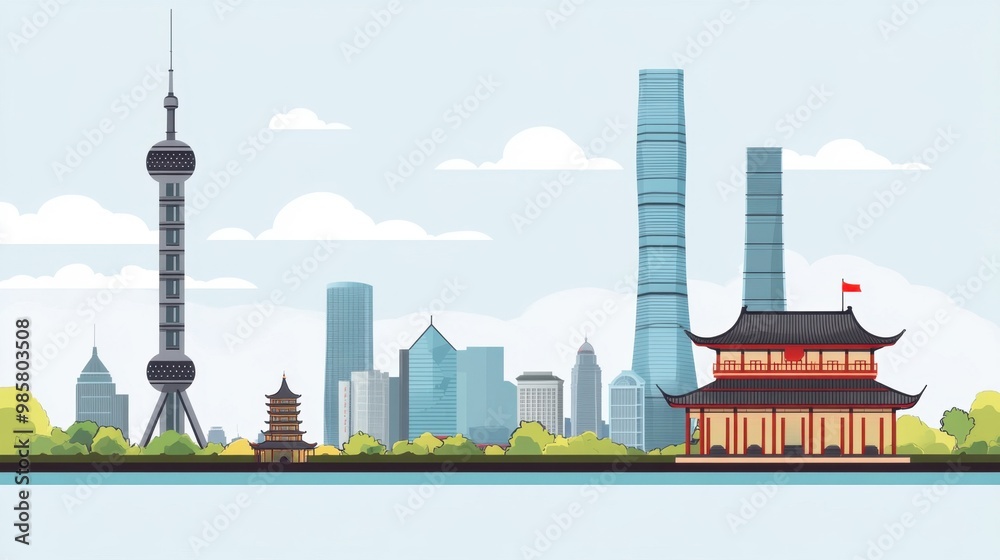 Obraz premium Illustration of Shanghai city landmarks