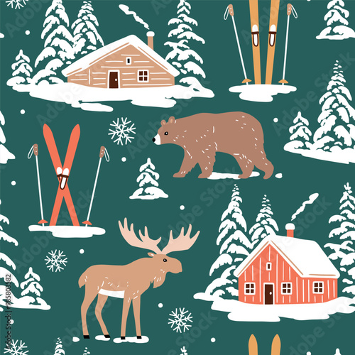 Seamless vector pattern with snowy woodhouse, ski equipment, moose and bear. Hand drawn winter forest landscape. EPS 10 vector file. Perfect for textile, wallpaper or print design.