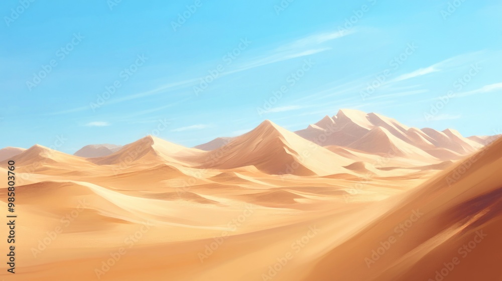 Naklejka premium A Vast, Sandy Desert Landscape with Rolling Hills and a Clear Blue Sky