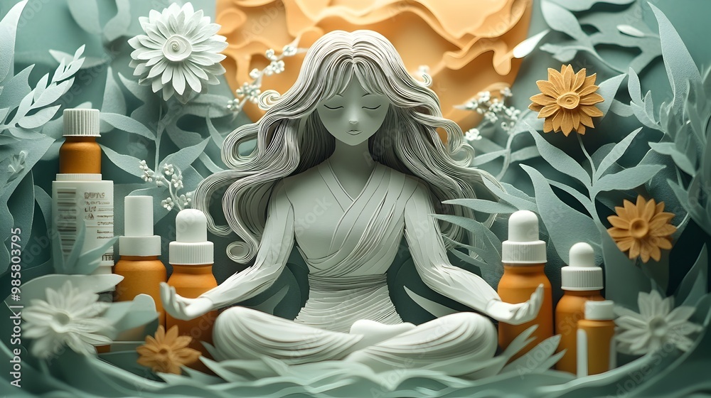 Layered Paper Cut of Peaceful Meditation with Supplements and Botanicals Layered Paper Cut of Peaceful Meditation with Supplements and Botanicals