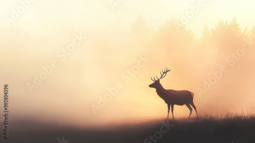 Silhouette of a Deer in a Misty Forest at Sunset