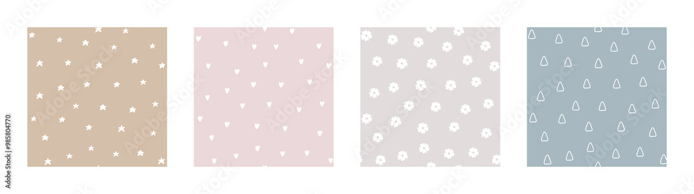 Bohemian Baby pattern. Set of Boho print for kids with stars, hearts and flowers. Gender Neutral Nursery Cute Ornaments. Vector illustration in flat cartoon style.