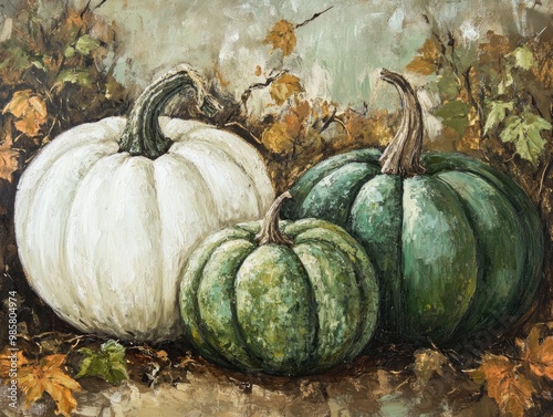 autumn scenery featuring green and white pumpkins photo