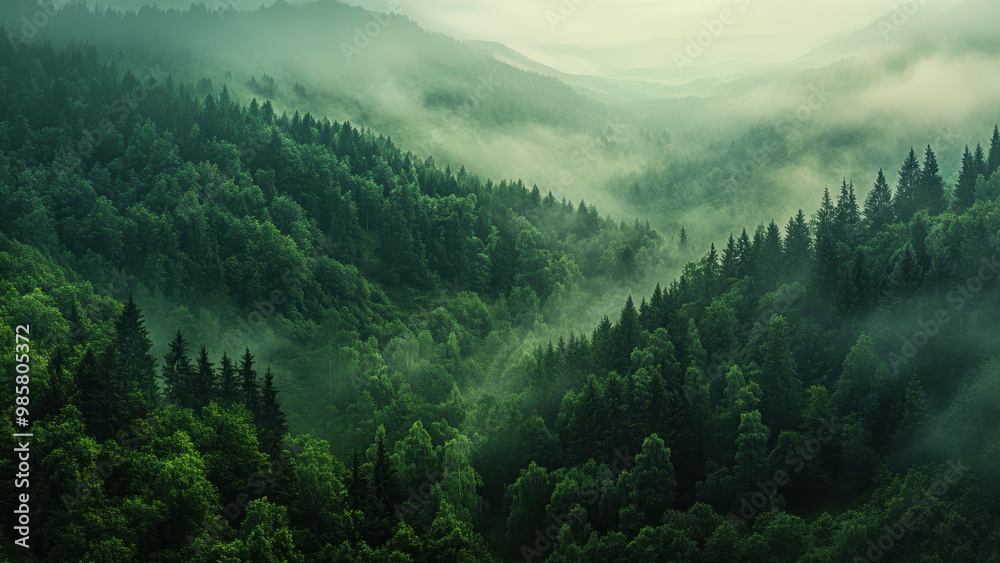 Misty evergreen forest shrouded in fog, perfect for nature-themed designs. Misty evergreen forest shrouded in fog, perfect for nature-themed designs.