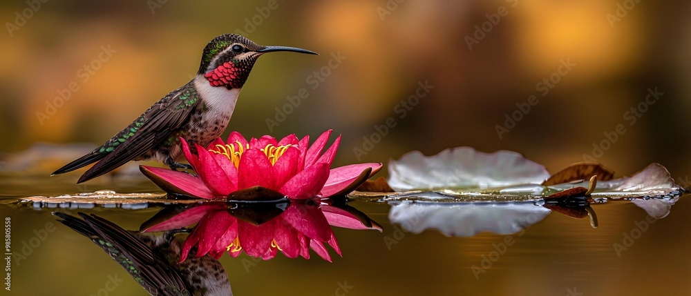 Fototapeta premium Vibrant Hummingbird on a Water Lily Flower