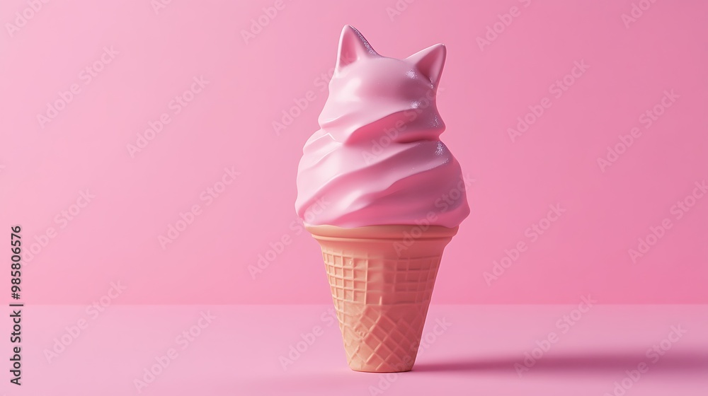 Playful 3D Render of Melting Cat-shaped Ice Cream Cone on Pastel Rose Background - Minimal Concept Design Playful 3D Render of Melting Cat-shaped Ice Cream Cone on Pastel Rose Background - Minimal Concept Design