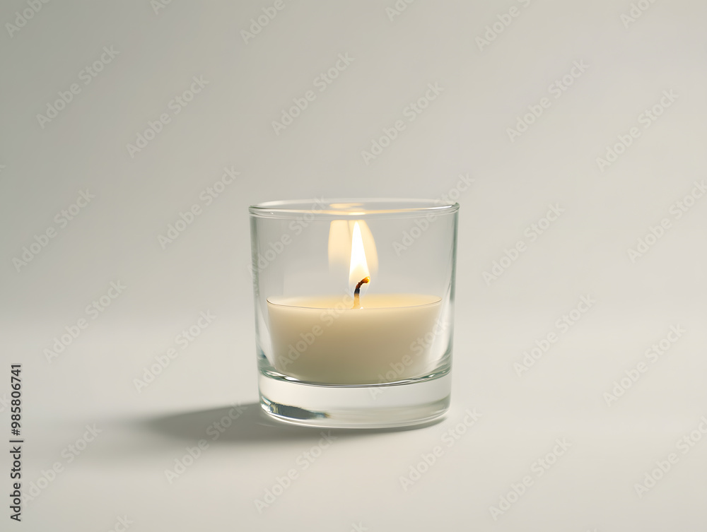 Small white candle burning inside a clear glass holder mock up isolated on white background Small white candle burning inside a clear glass holder mock up isolated on white background