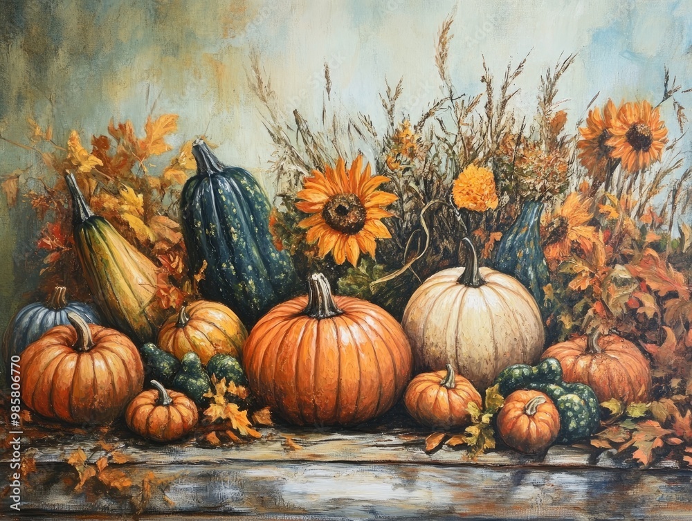 Rustic Autumn Harvest Scene with Pumpkins and Gourds