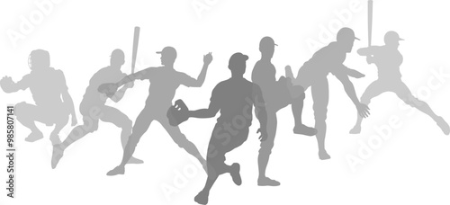 Silhouette baseball or softball player set. Active sports people healthy players fitness silhouettes concept.