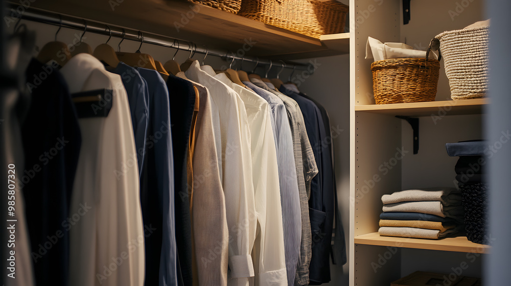 Modern walk-in closet with wooden shelves and drawers, hanging clothes Modern walk-in closet with wooden shelves and drawers, hanging clothes