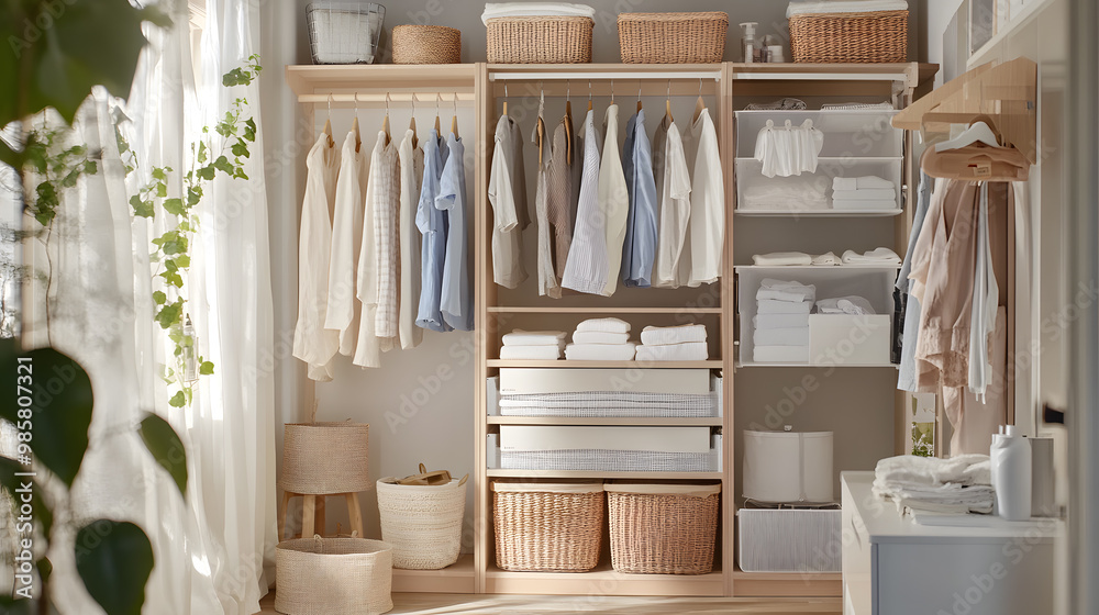 Modern walk-in closet with wooden shelves and drawers, hanging clothes Modern walk-in closet with wooden shelves and drawers, hanging clothes