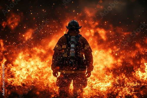 A firefighter's silhouette intertwined with flames, symbolizing bravery and sacrifice through double exposure.