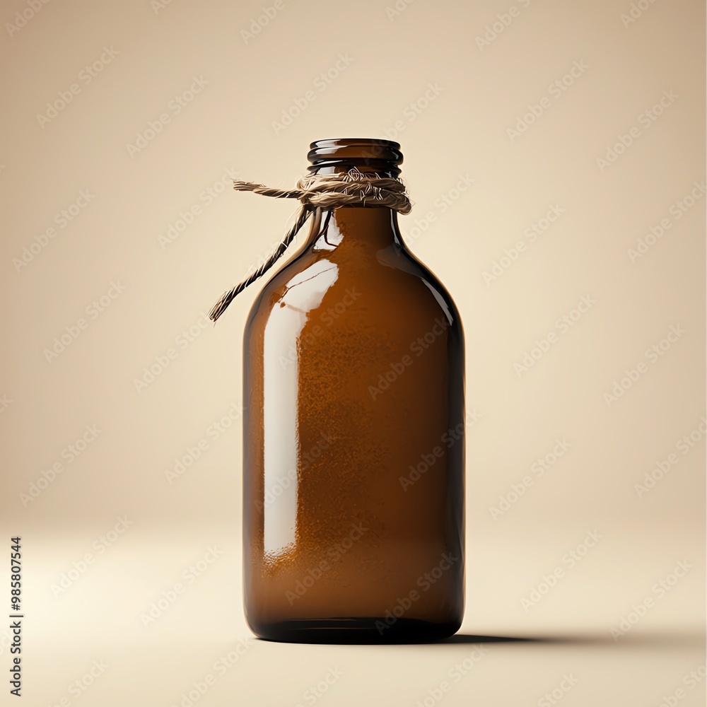 Brown glass bottle with a twine rope on beige background, minimalist design, product mockup Brown glass bottle with a twine rope on beige background, minimalist design, product mockup