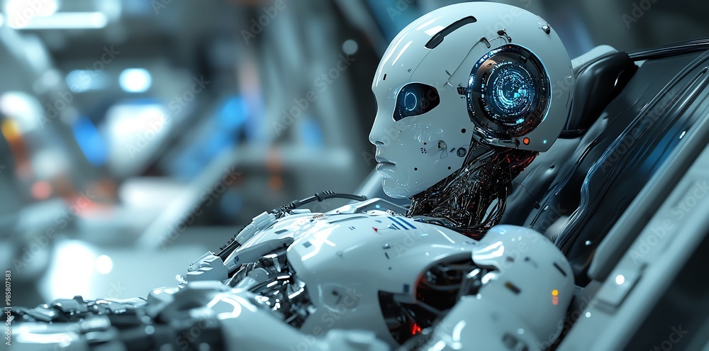 A white humanoid robot with a blue glowing eye sits in a futuristic vehicle. A white humanoid robot with a blue glowing eye sits in a futuristic vehicle.