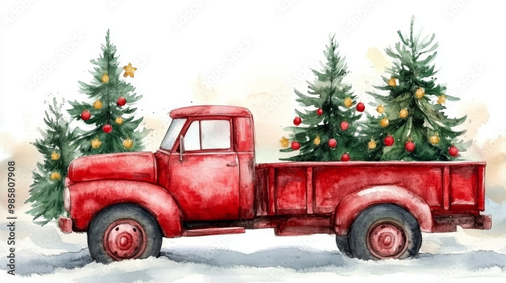 Greeting card with red Christmas truck with pine trees Greeting card with red Christmas truck with pine trees