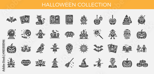 halloween themed icons, bats cats ghosts witches pumpkins