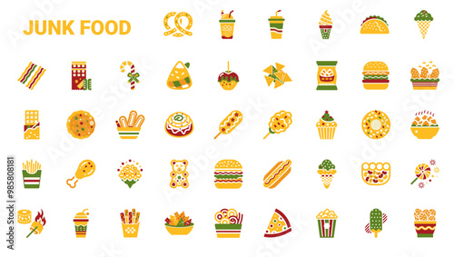 junk food unhealthy food high calories fat sugar themed icon collection