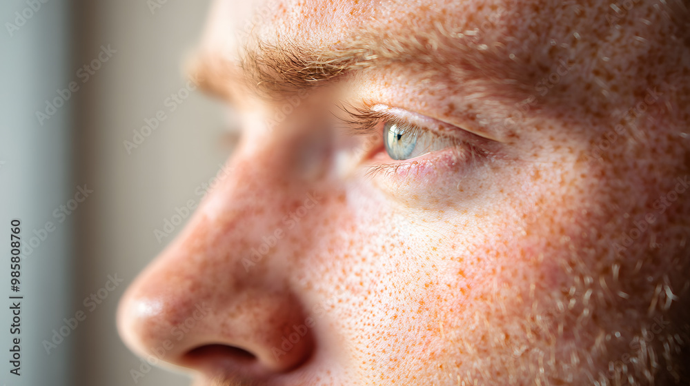 Fototapeta premium Close up face of young man suffering from problem skin. Acne, rosacea, dry skin. Dermatology concept