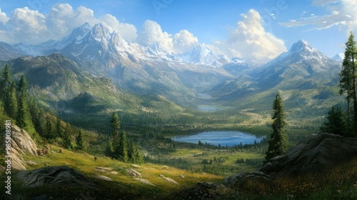 Majestic Mountain Range with Two Lakes and Forested Valley