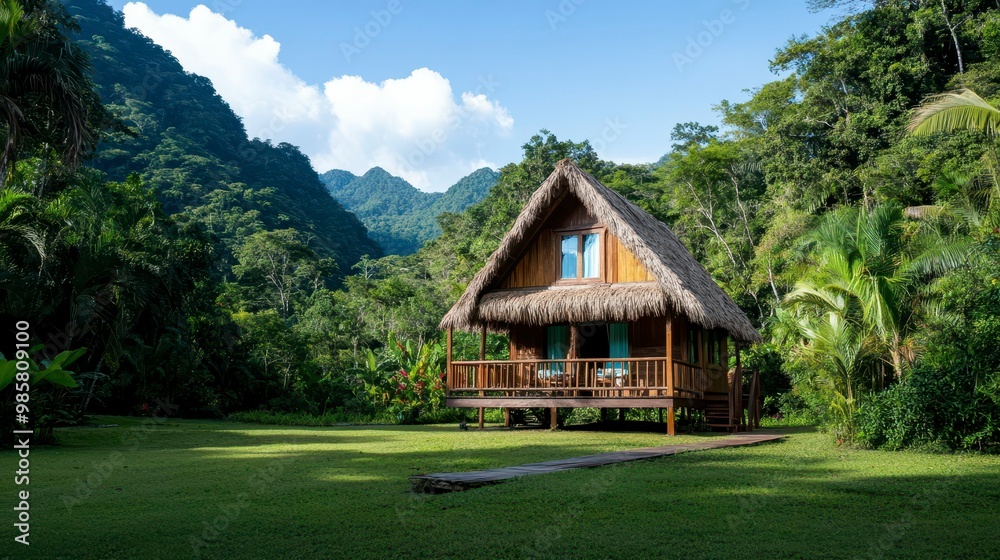 A serene wooden cabin surrounded by lush greenery and mountains. A serene wooden cabin surrounded by lush greenery and mountains.