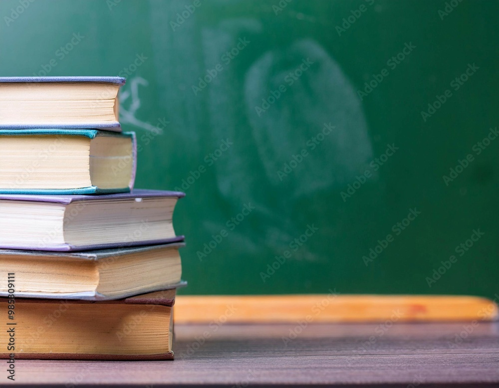 Books and a chalkboard representing the classroom and learning environment, symbolizing education, teaching, and academic growth. Books and a chalkboard representing the classroom and learning environment, symbolizing education, teaching, and academic growth.