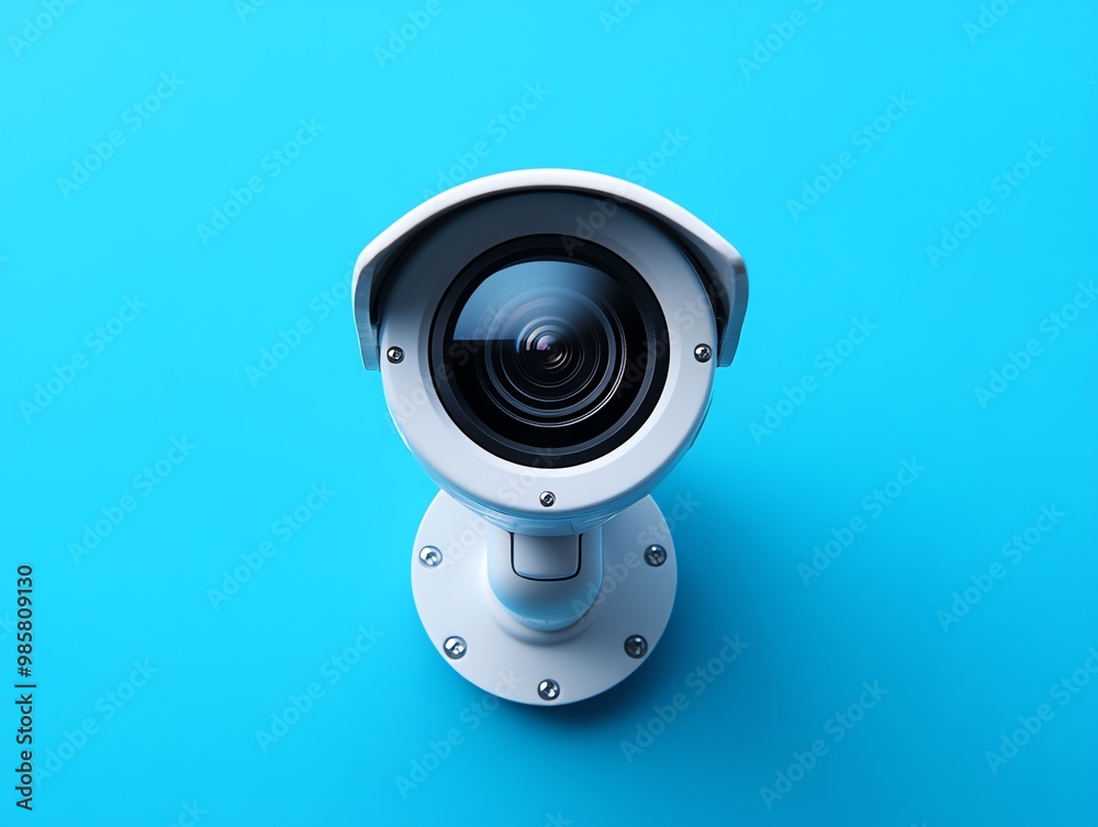 A white security camera with a black lens mounted on a blue wall. A white security camera with a black lens mounted on a blue wall.