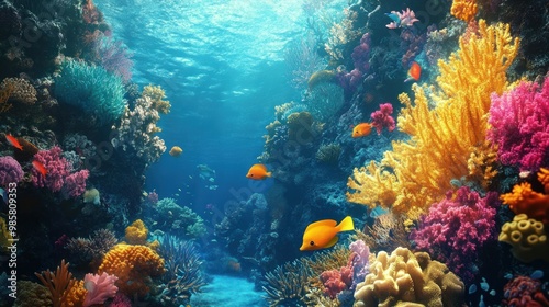 Vibrant Underwater Scene with Colorful Corals and Fish