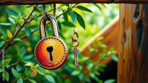 A delicate, hand-painted lock with an intertwined key hangs from a rustic wooden beam, surrounded by lush greenery, evoking a sense of enduring love and commitment. photo